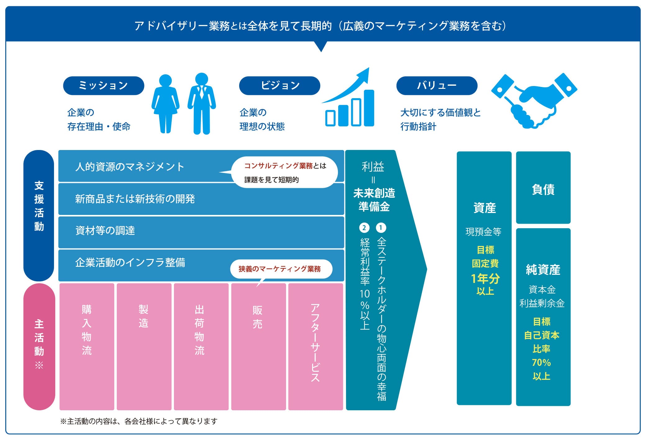 アドバイザリー業務の全体図。ミッション、ビジョン、バリューの他に主活動と支援活動についてのフローや財務状況の最終目標がまとめられている。